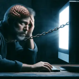 A man with his head chained to the computer.