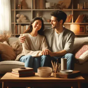 A man and woman sitting on the couch together.