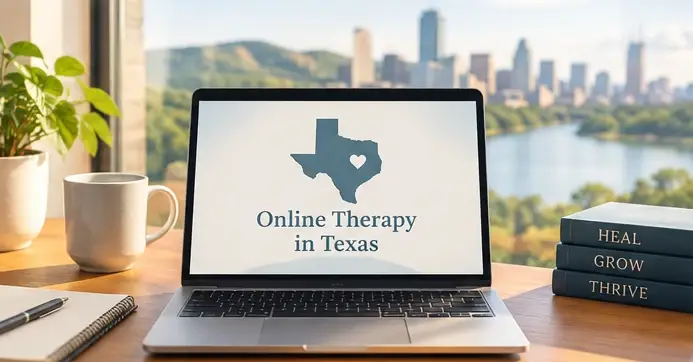 Laptop showing Online Therapy in Texas on a desk with a view of the Austin skyline